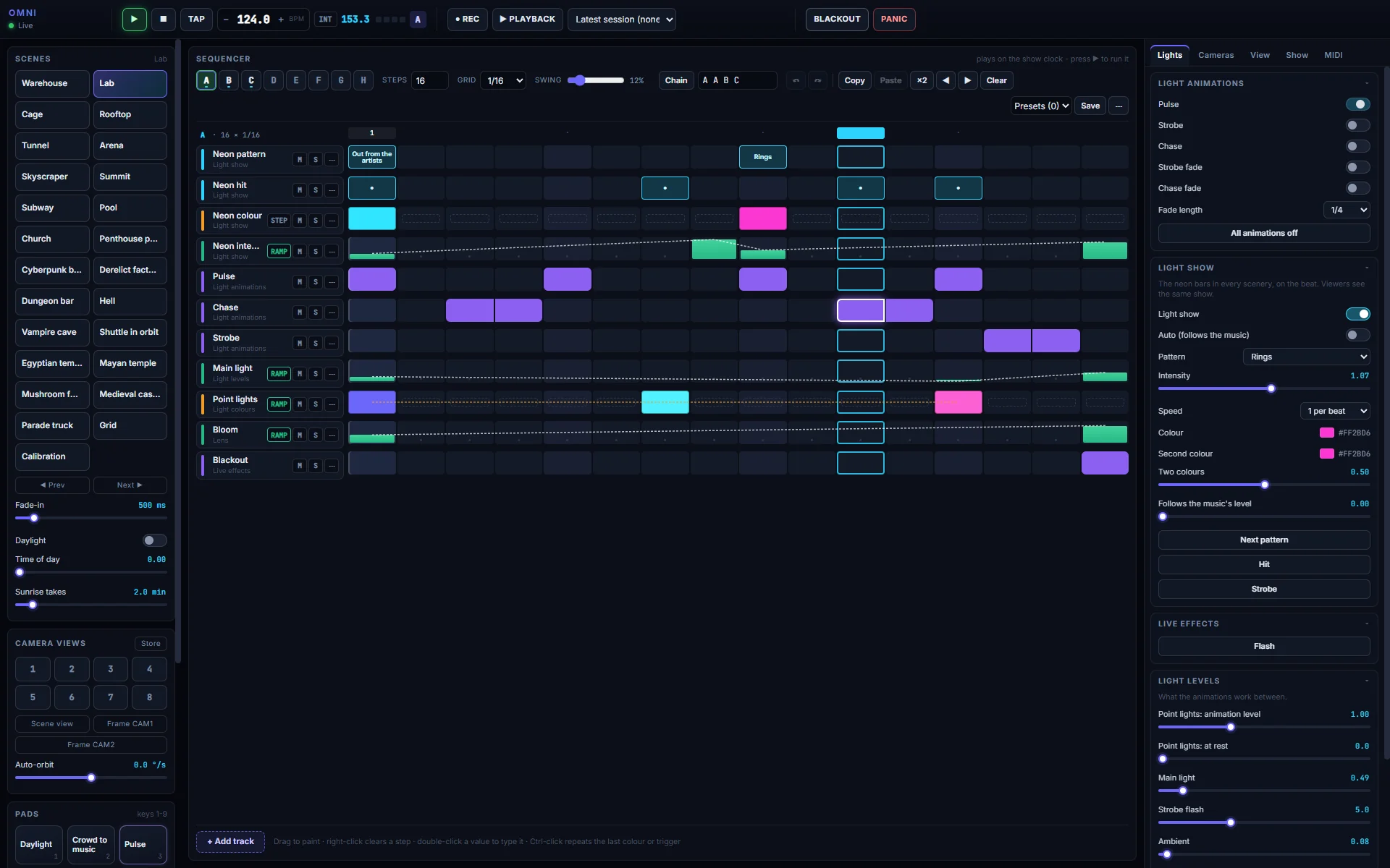 The OMNI Controller: transport and clock along the top, worlds, stored views and pads on the left, the step sequencer in the centre and the lights on the right.