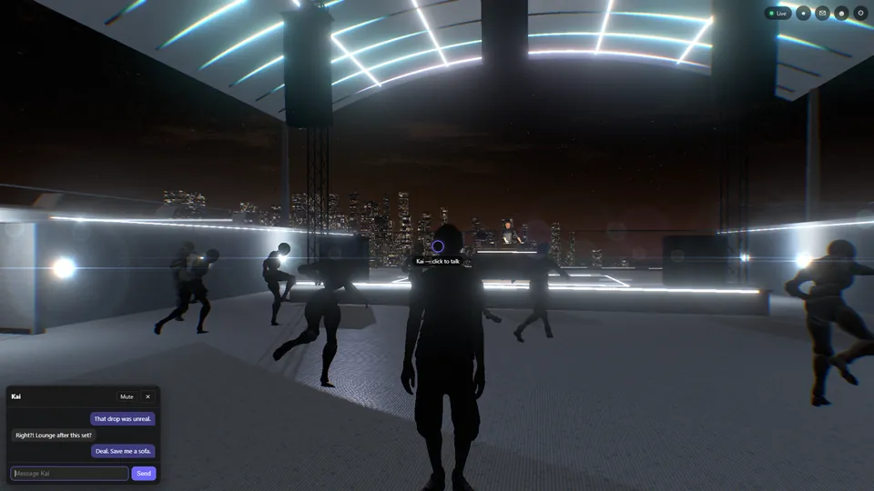 Two guests in a private conversation, the chat panel open beside the crosshair.